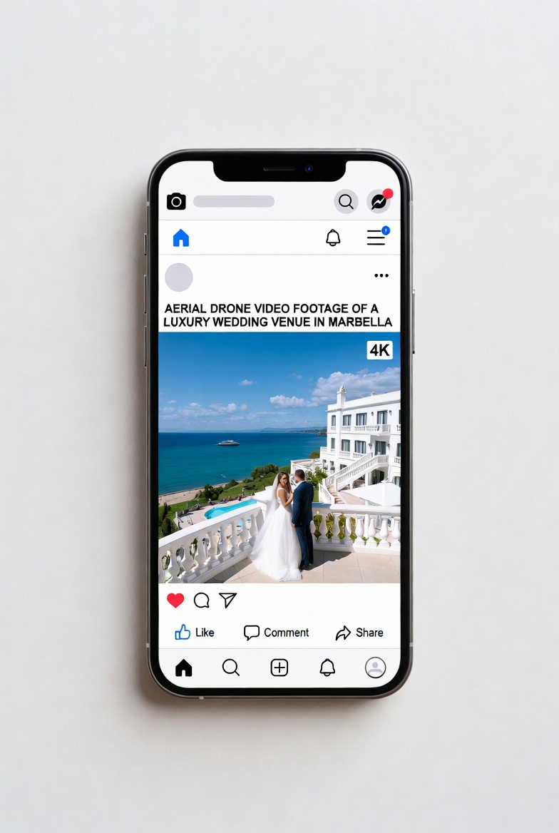 Mobile phone mockup showing aerial drone video of a Marbella wedding venue