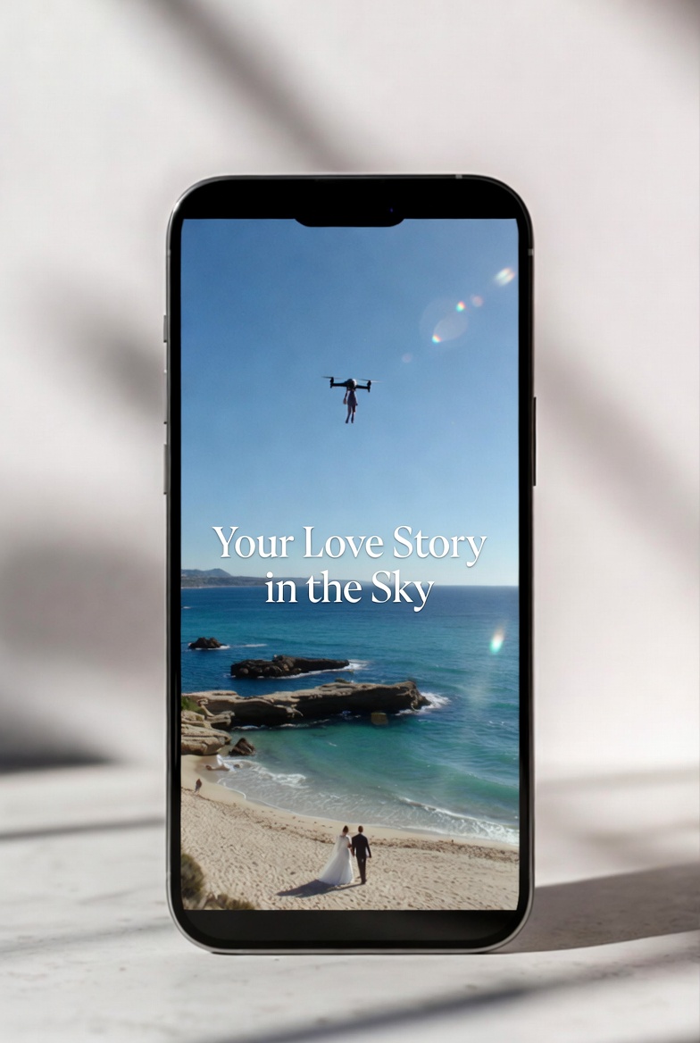 Mobile phone mockup showing cinematic edited drone wedding video