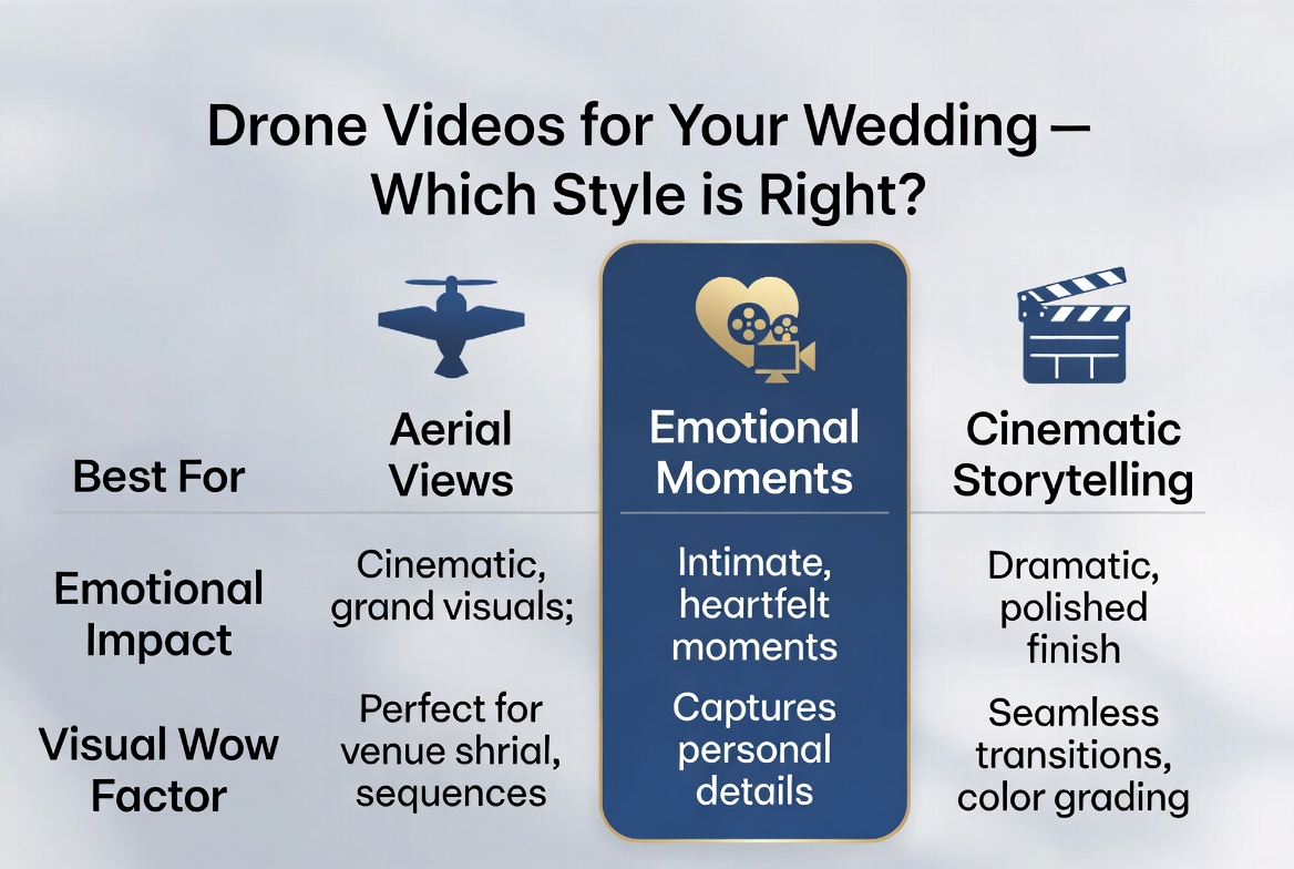 Comparison chart of aerial, emotional and cinematic drone videos for your wedding