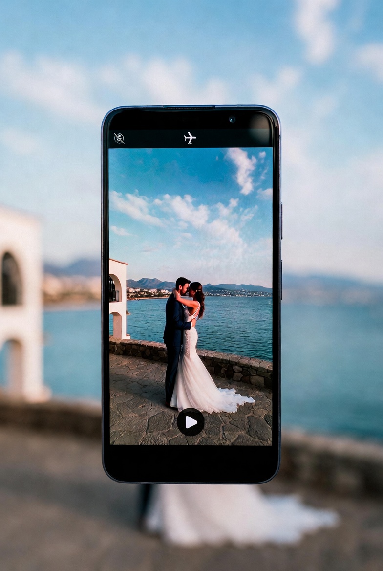 Mobile phone mockup showing drone video capturing an emotional first look at a Marbella wedding